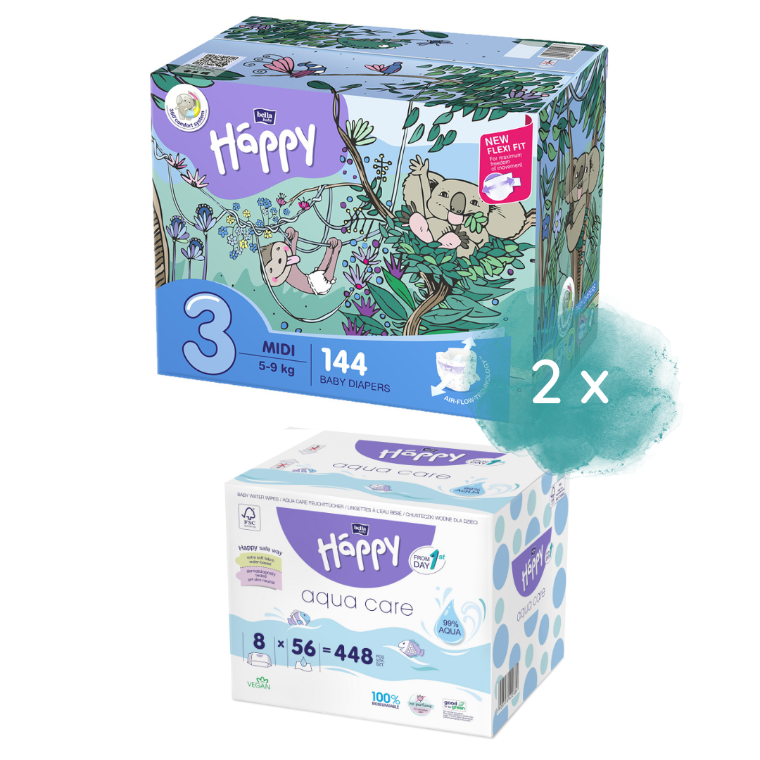 Happy Box Windeln Gr.3 Midi 5-9kg 144 St. & 2. Größe + 8er Pack Aqua Care Feuchttücher