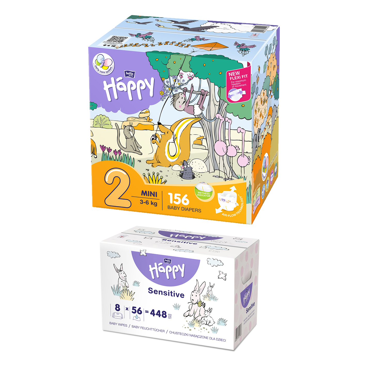bella baby Happy Box Gr.2 Mini 3-6kg 156 St. + 8er Pack Feuchttücher
