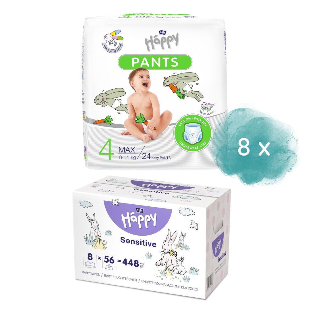 bella baby Happy Pants Gr.4 Maxi 8-14 kg & 2. Größe nach Wahl + 8er Pack Feuchttücher