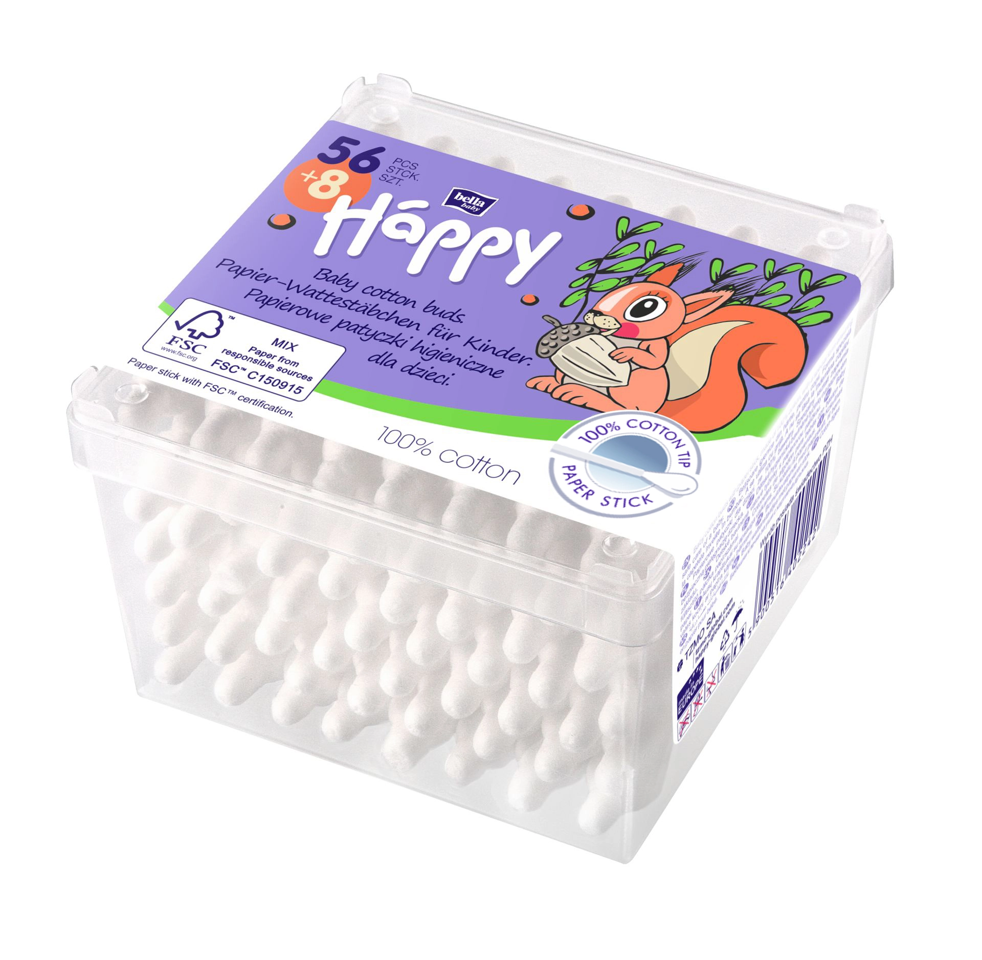 bella baby Happy Sicherheits-Wattestäbchen 100% Baumwolle BOX 56+8 Stück