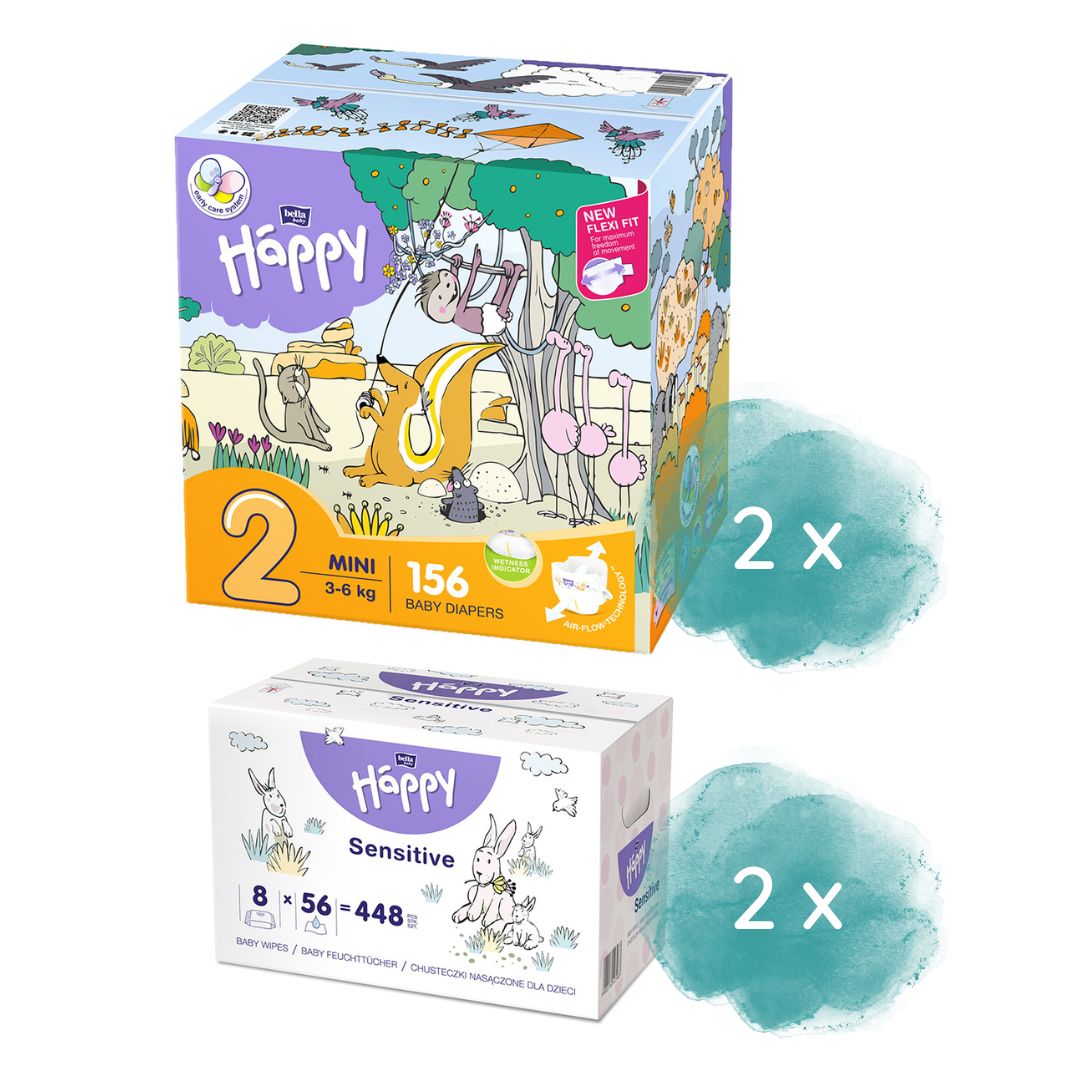 Happy Box Windeln Gr.2 Mini 3-6kg 156 St. & 2.Größe + 16er Pack Feuchttücher