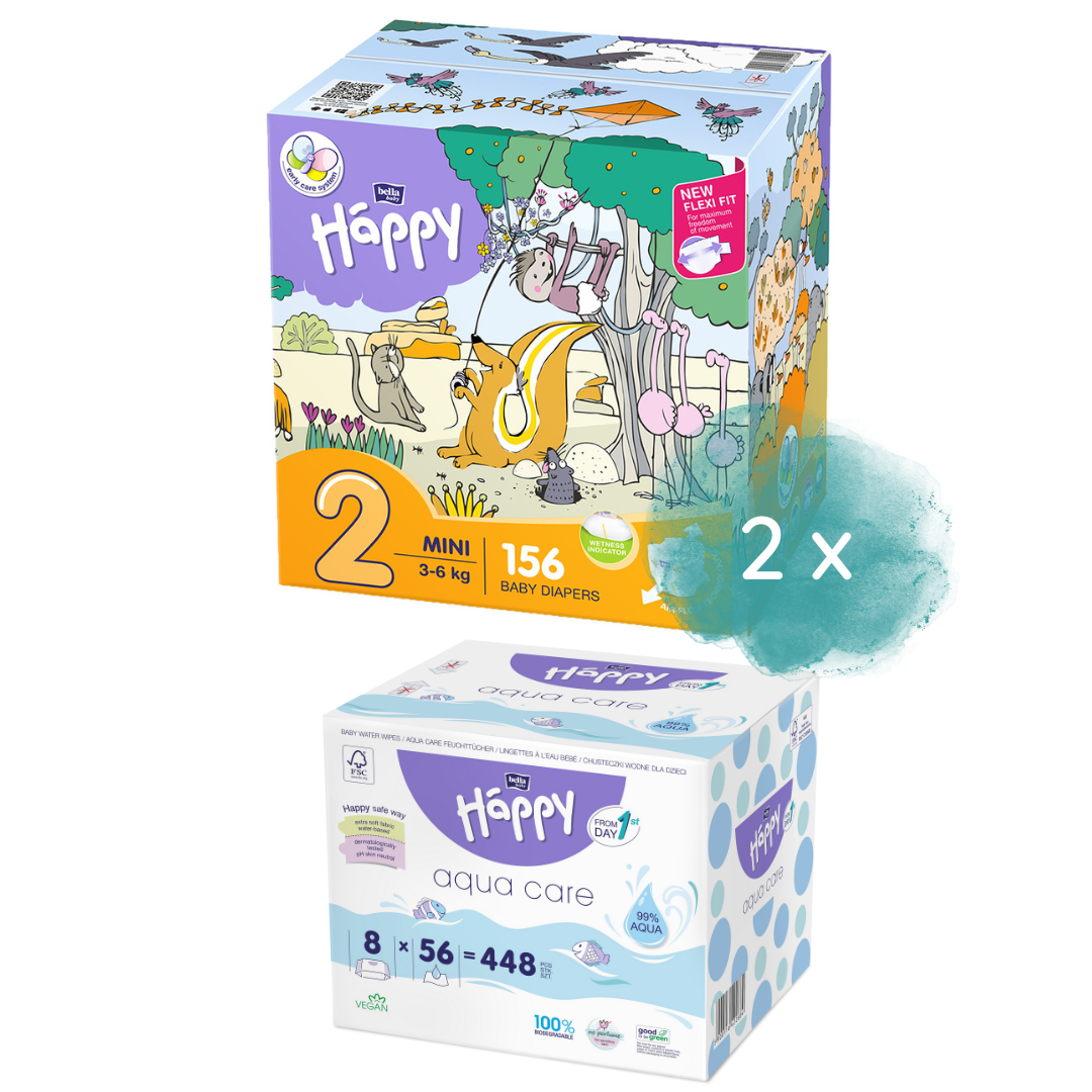 Happy Box Windeln Gr.2 Mini 3-6kg & 2. Größe + 8er Pack Aqua Care Feuchttücher