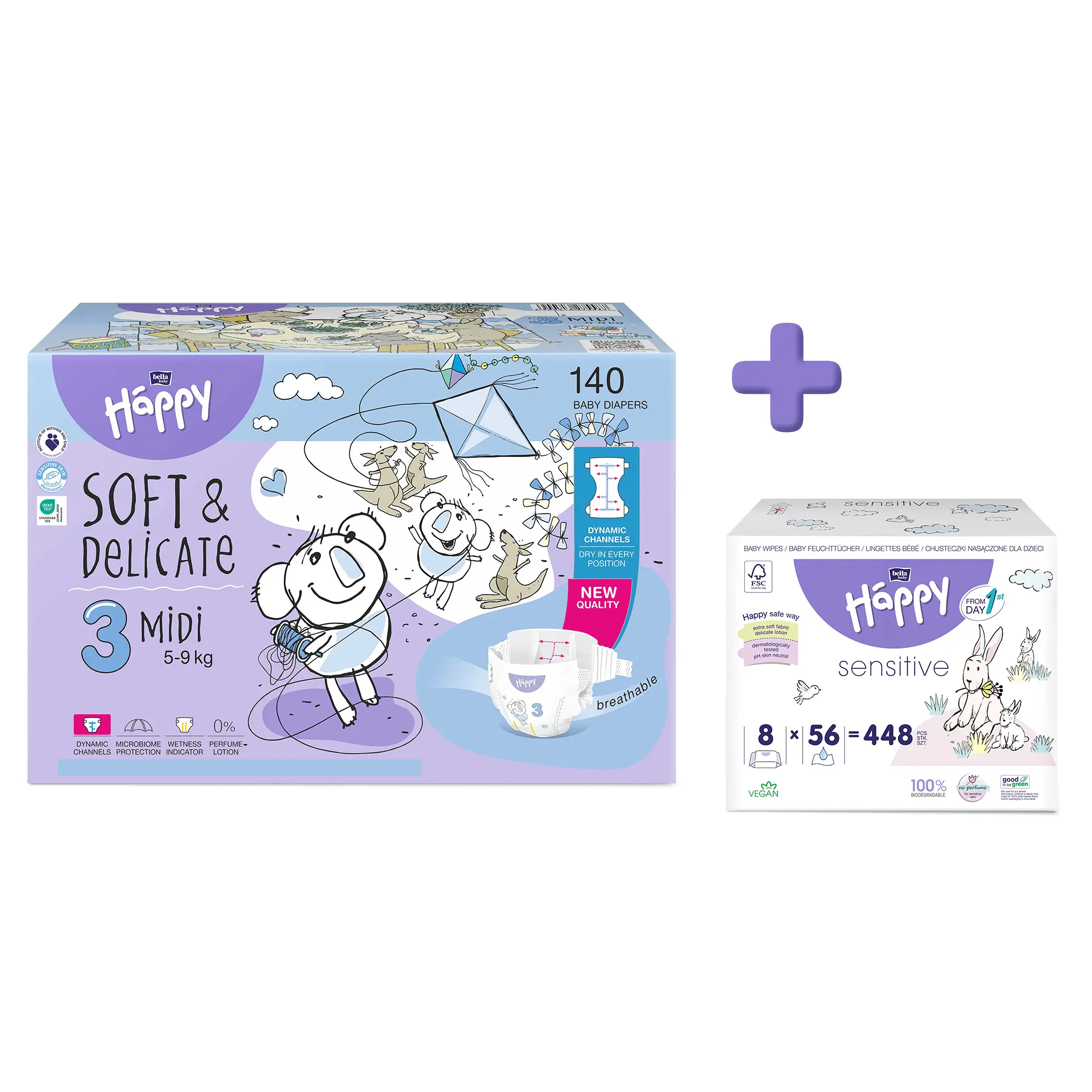 bella baby Happy Windeln Größe 3 Midi 5-9 kg + Feuchttücher im Set