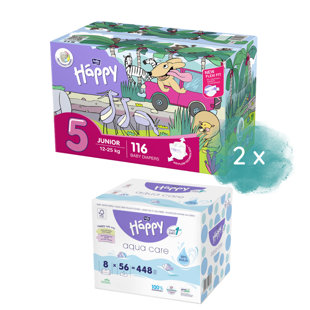 1. Happy Box Windelgröße: Junior Gr. 5 (12-25kg), 2. Happy Box Windelgröße: Junior Gr. 5 (12-25kg), Feuchttücher Sorte: 1x Aqua Care Feuchttücher 