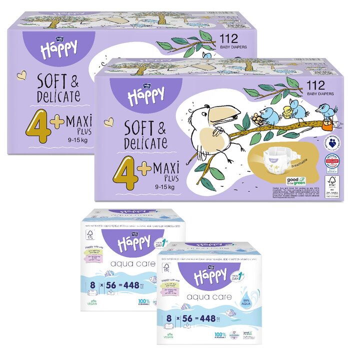 Happy Box Gr. 4+ Maxi Plus 9-15kg 112 Stück & 2. Größe nach Wahl + 16er Pack Aqua Care Feuchttücher