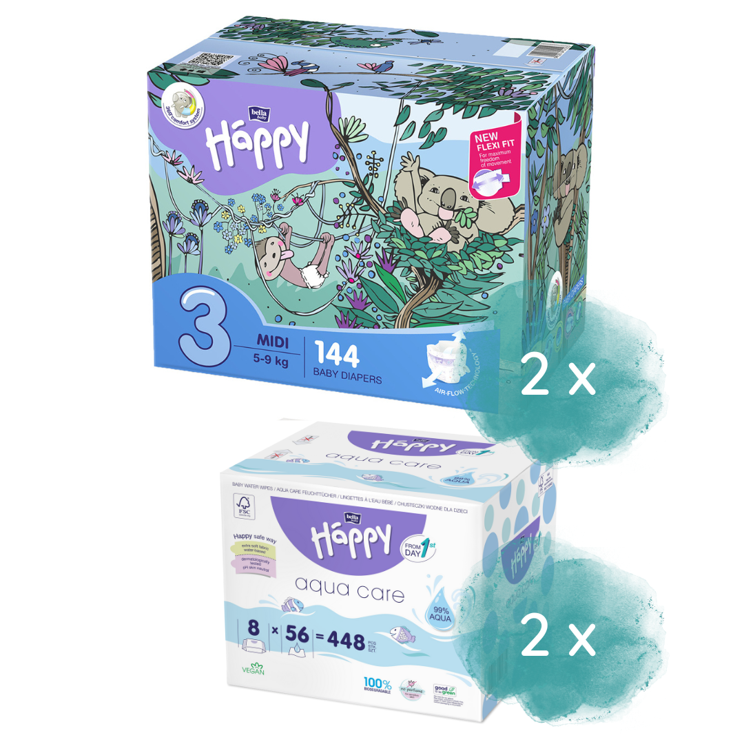 Happy Box Windeln Gr.3 Midi 5-9kg & 2.Größe nach Wahl + 16er Aqua Care Feuchttücher