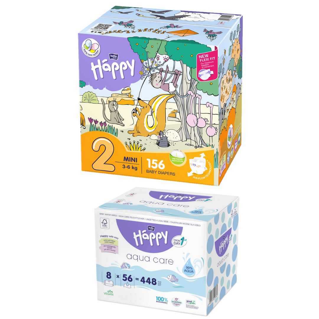 Happy Box Windeln Gr.2 Mini 3-6kg 156 St. + 8er Pack Aqua Care Feuchttücher