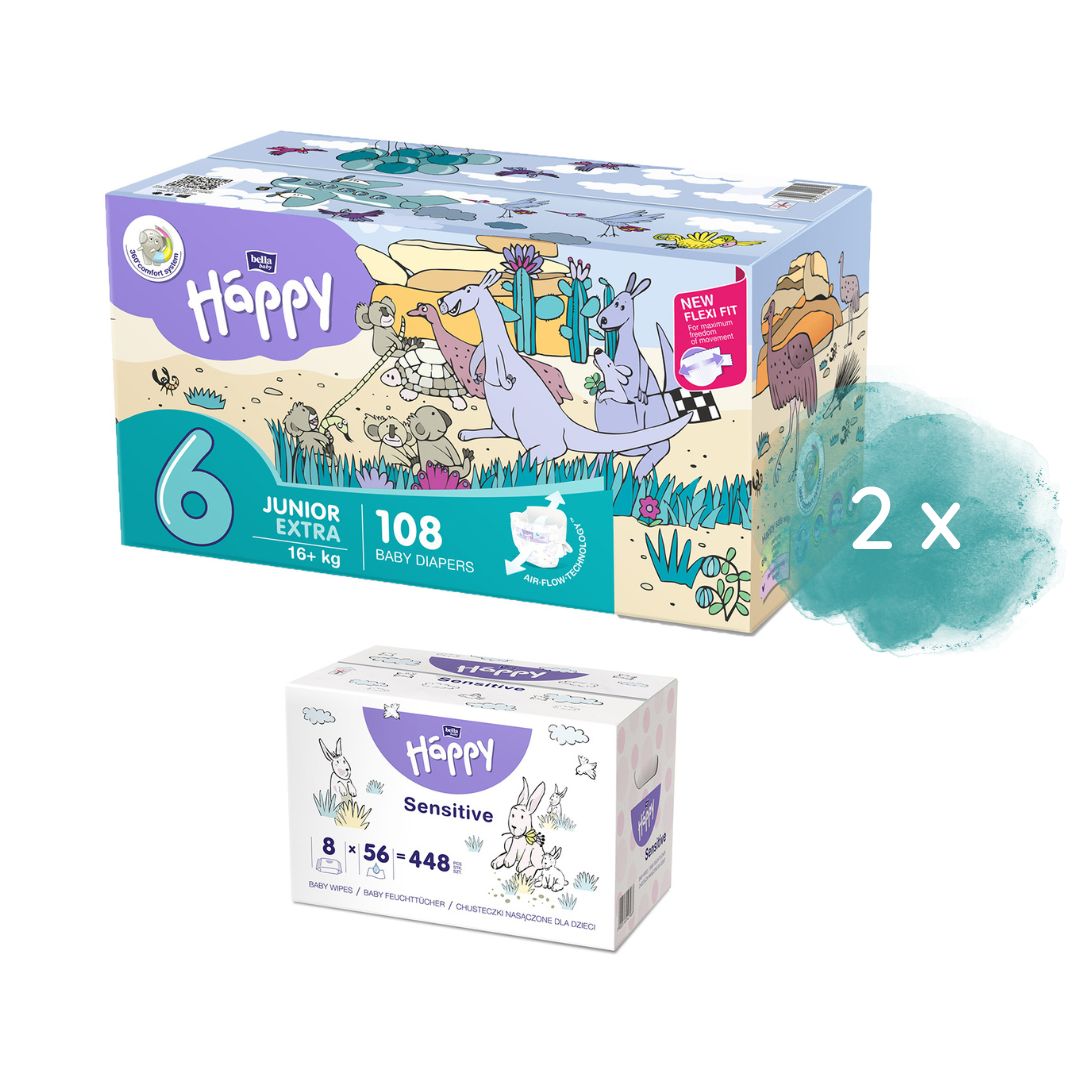 Happy Box Windeln Gr.6 Junior Extra 16+kg 108 St. + 2. Größe + 8er Pack Feuchttücher