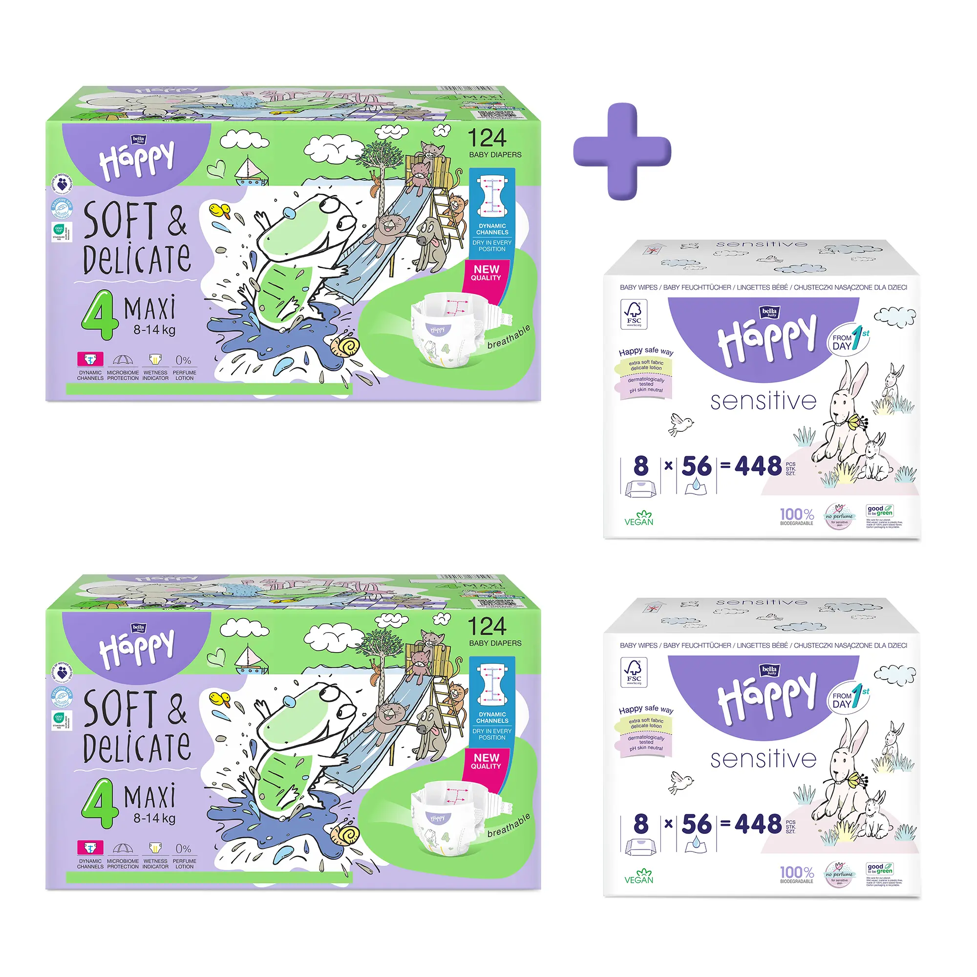 bella baby Happy Windeln Größe 4 Maxi 8-14 kg + Feuchttücher im Set