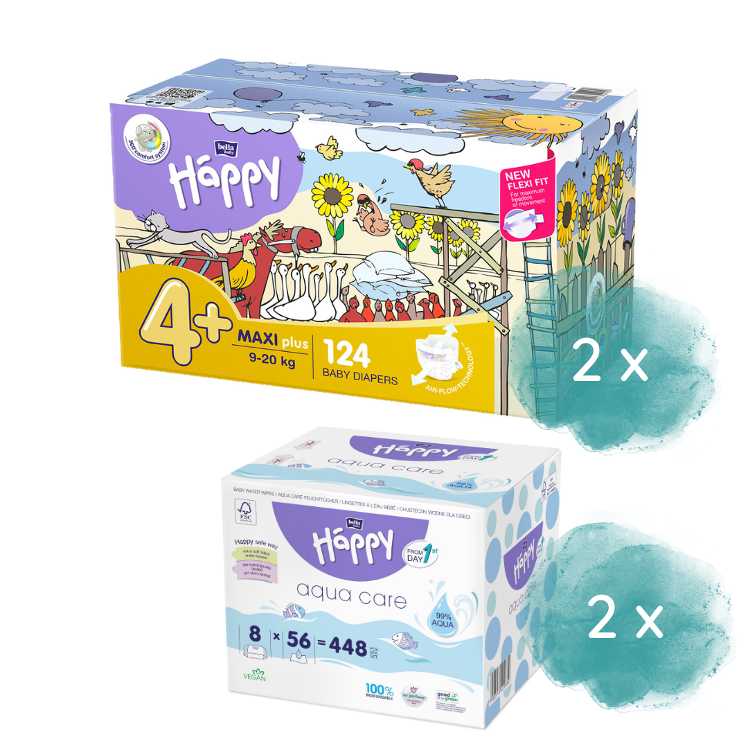 Happy Box Windeln Gr.4+ Maxi Plus 9-20kg & 2.Größe nach Wahl + 16er Pack Aqua Care Feuchttücher