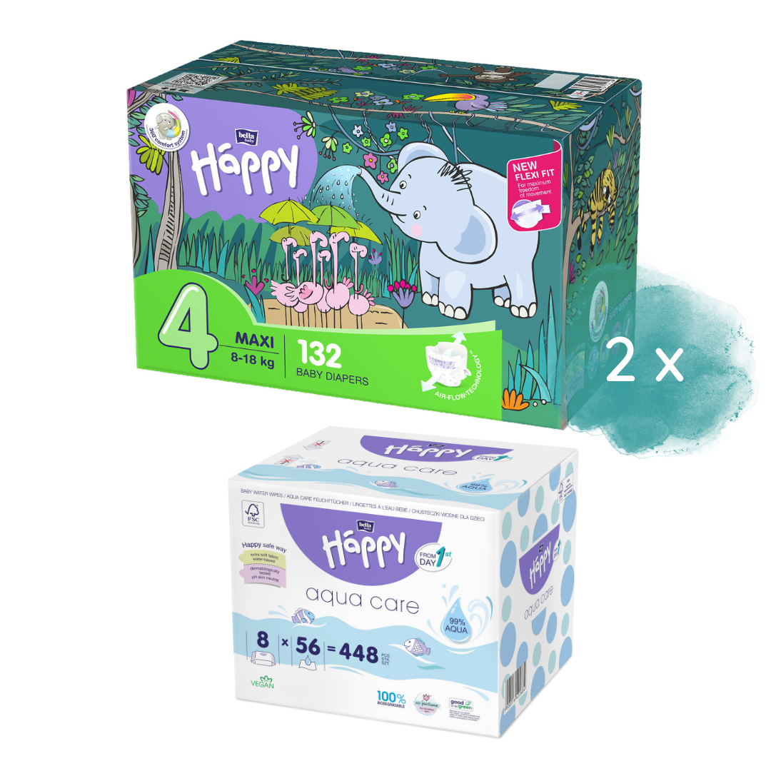 Happy Box Windeln Gr.4 Maxi 8-18kg 132 St. + 2.Größe + 8er Pack Aqua Care Feuchttücher
