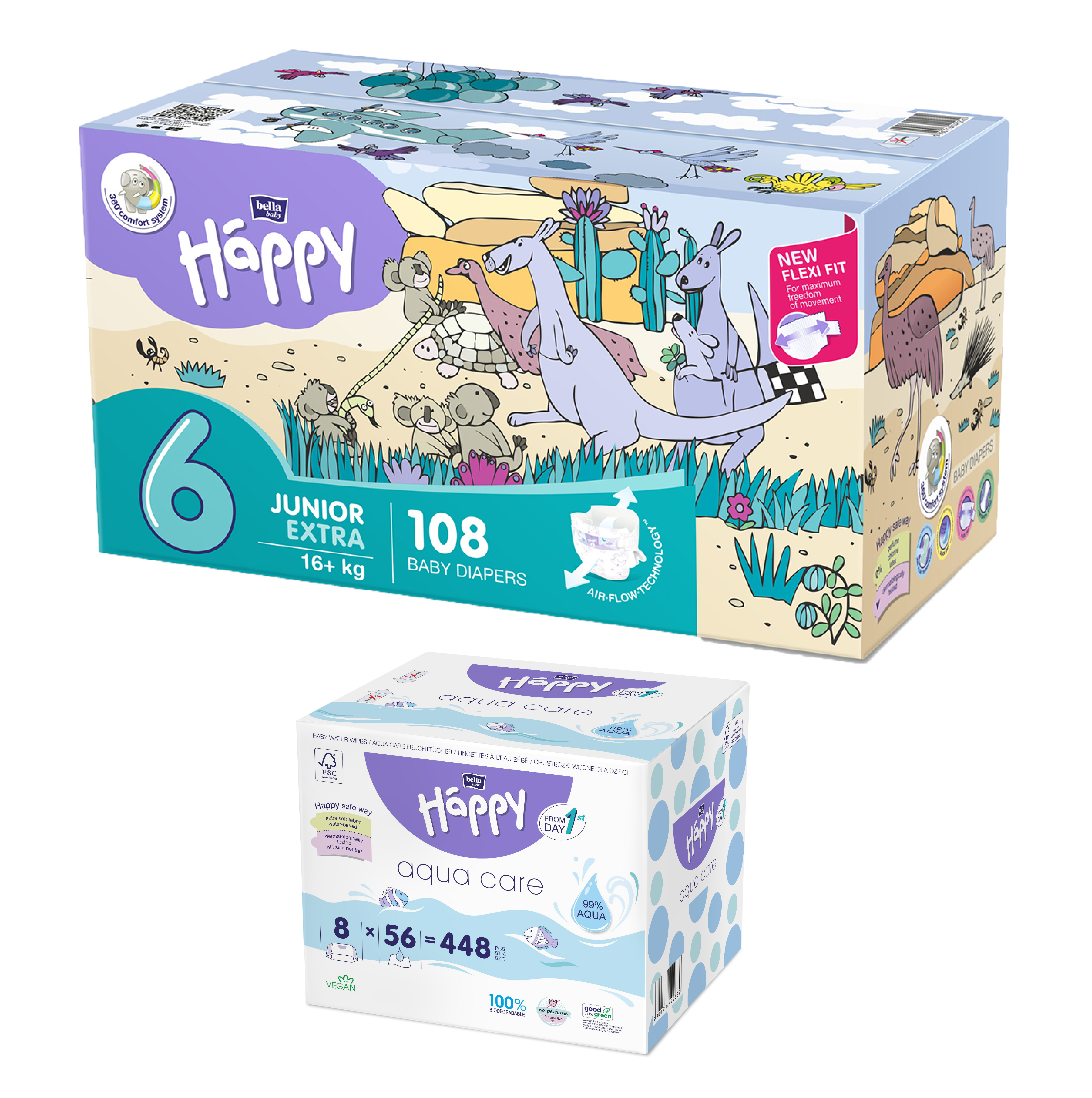 Happy Box Windeln Gr.6 Junior Extra 16+kg 108 St. + 8er Aqua Care Feuchttücher